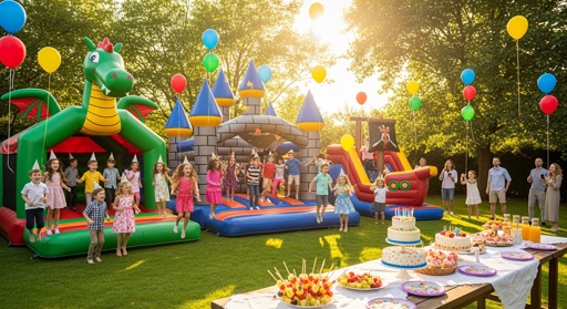 Kids,Birthday,Party,With,Bouncy,Castles,And,Having,Super,Fun